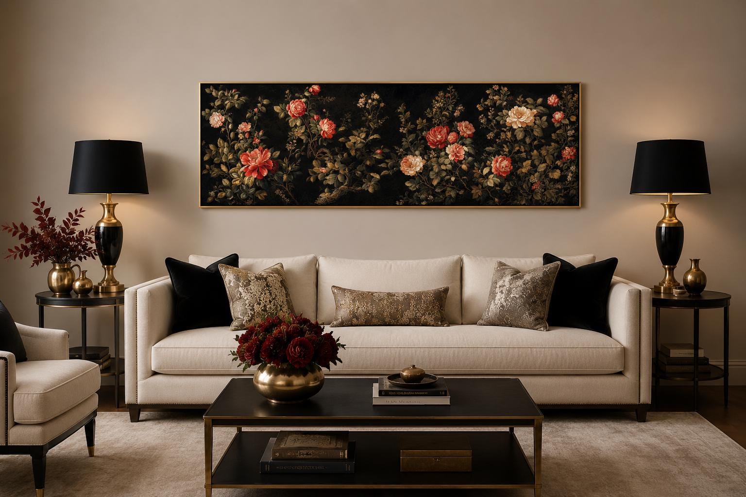 Dark Moody Floral Tapestry Wall Art – Garden Canvas Print With Red Cream Roses Long Horizontal Art