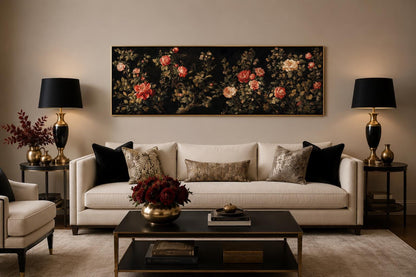Dark Moody Floral Tapestry Wall Art – Garden Canvas Print With Red Cream Roses Long Horizontal Art
