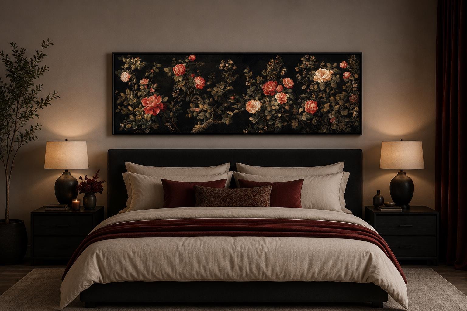 Dark Moody Floral Tapestry Wall Art – Garden Canvas Print With Red Cream Roses Long Horizontal Art