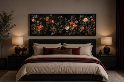 Dark Moody Floral Tapestry Wall Art – Garden Canvas Print With Red Cream Roses Long Horizontal Art