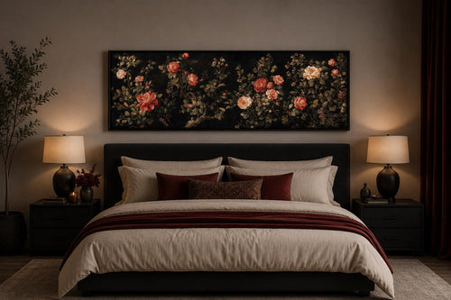 Dark Moody Floral Tapestry Wall Art – Garden Canvas Print With Red Cream Roses Long Horizontal Art