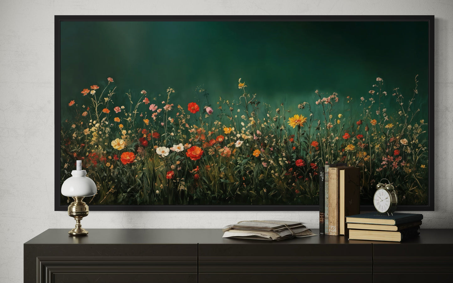Dark Moody Green Wildflowers Field At Night Framed Canvas Wall Art