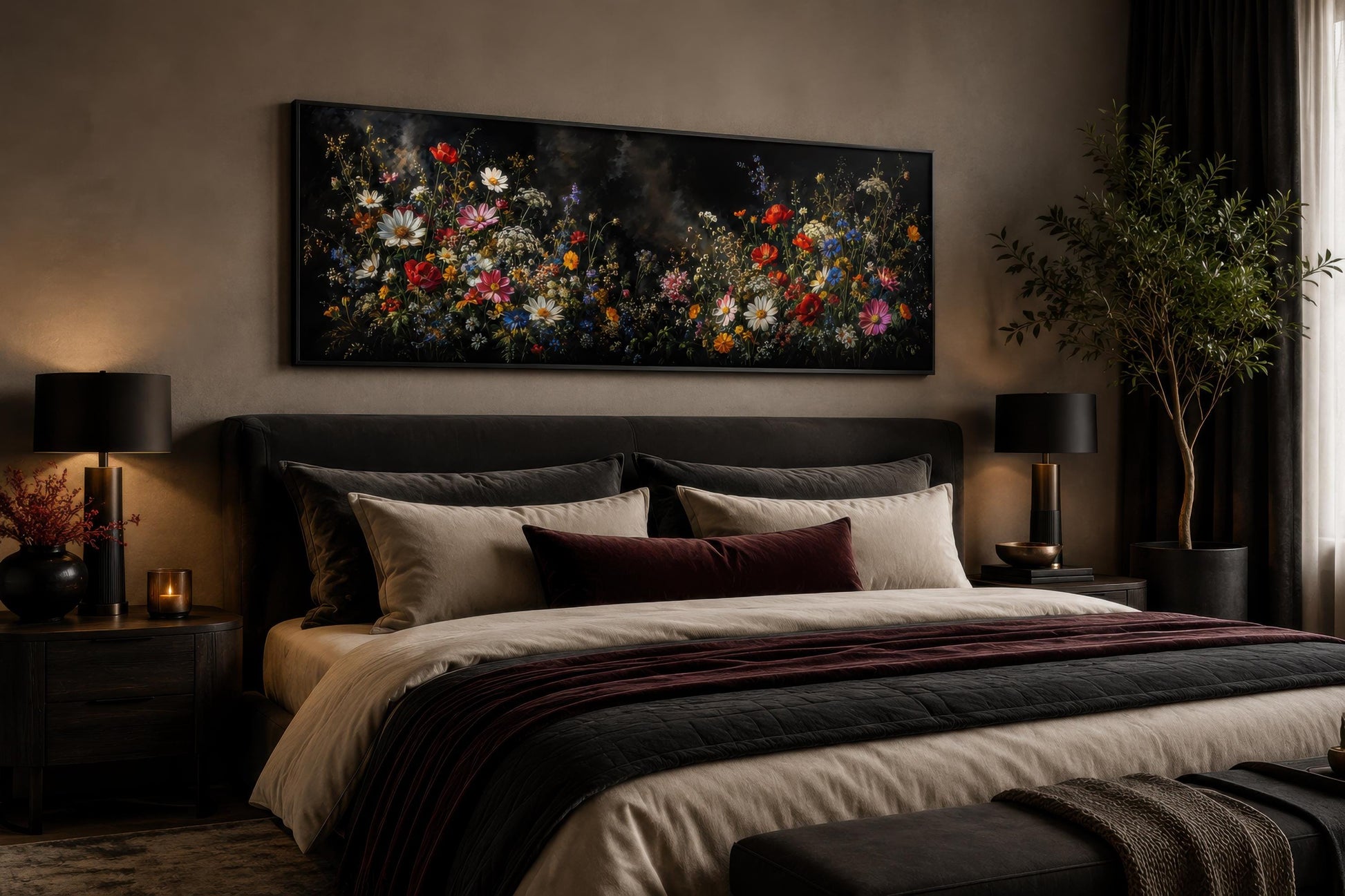 Dark Moody Wildflowers Wall Art – Long Narrow Bedroom Canvas Print | Dark Floral Painting