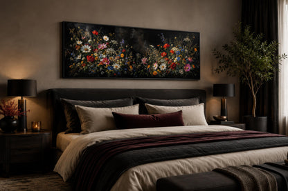 Dark Moody Wildflowers Wall Art – Long Narrow Bedroom Canvas Print | Dark Floral Painting