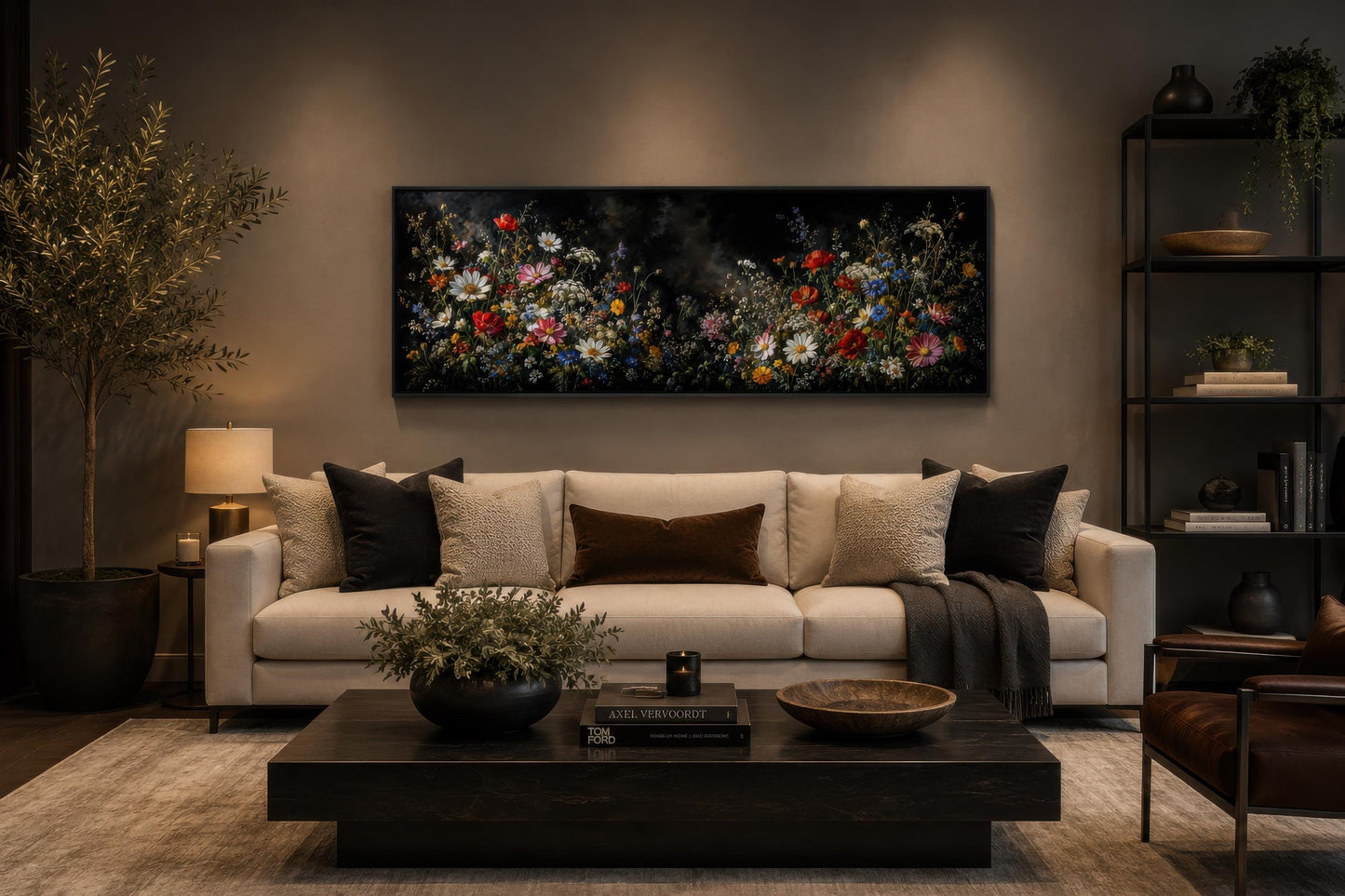Dark Moody Wildflowers Wall Art – Long Narrow Bedroom Canvas Print | Dark Floral Painting