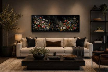 Dark Moody Wildflowers Wall Art – Long Narrow Bedroom Canvas Print | Dark Floral Painting
