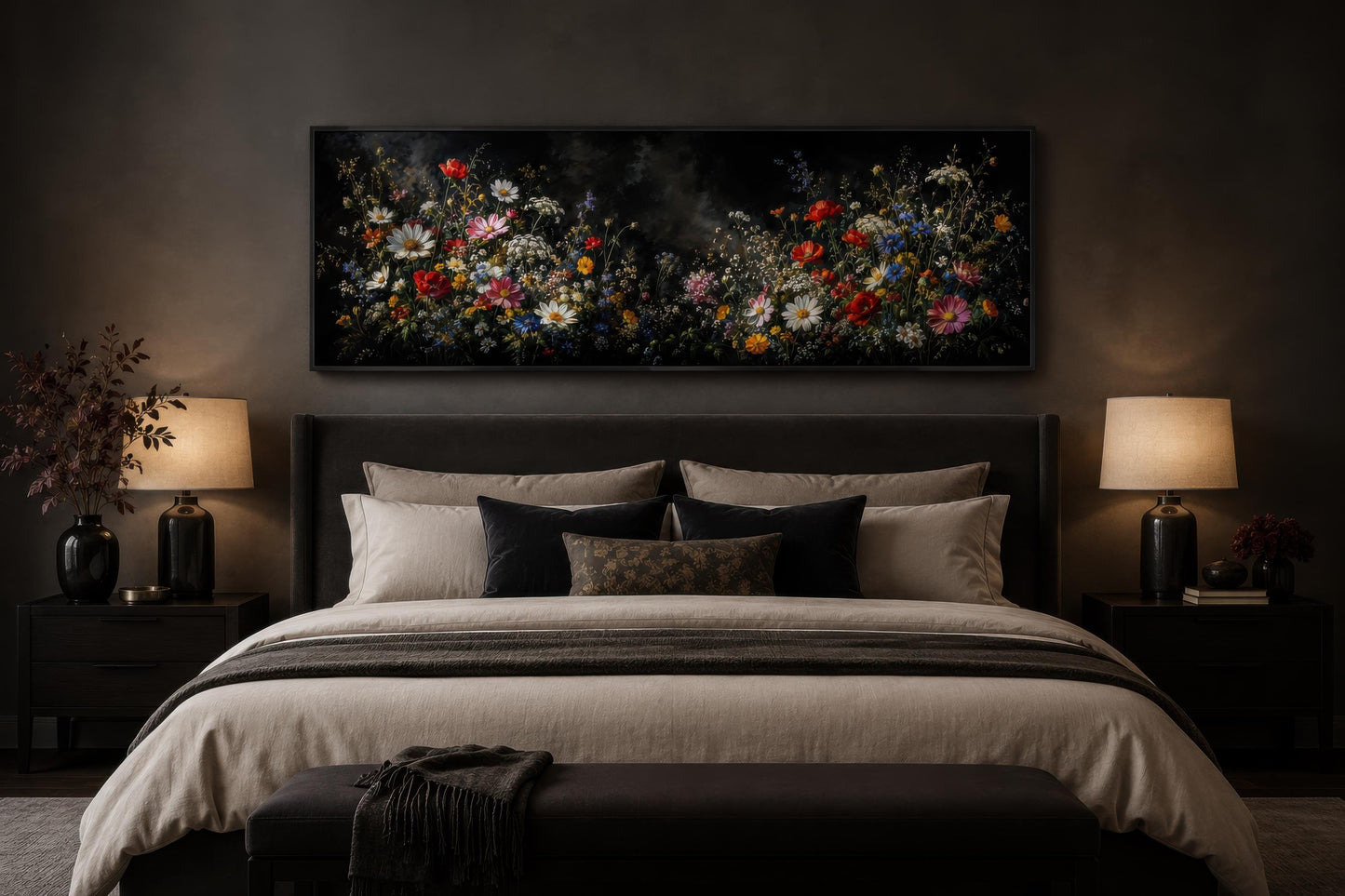 Dark Moody Wildflowers Wall Art – Long Narrow Bedroom Canvas Print | Dark Floral Painting