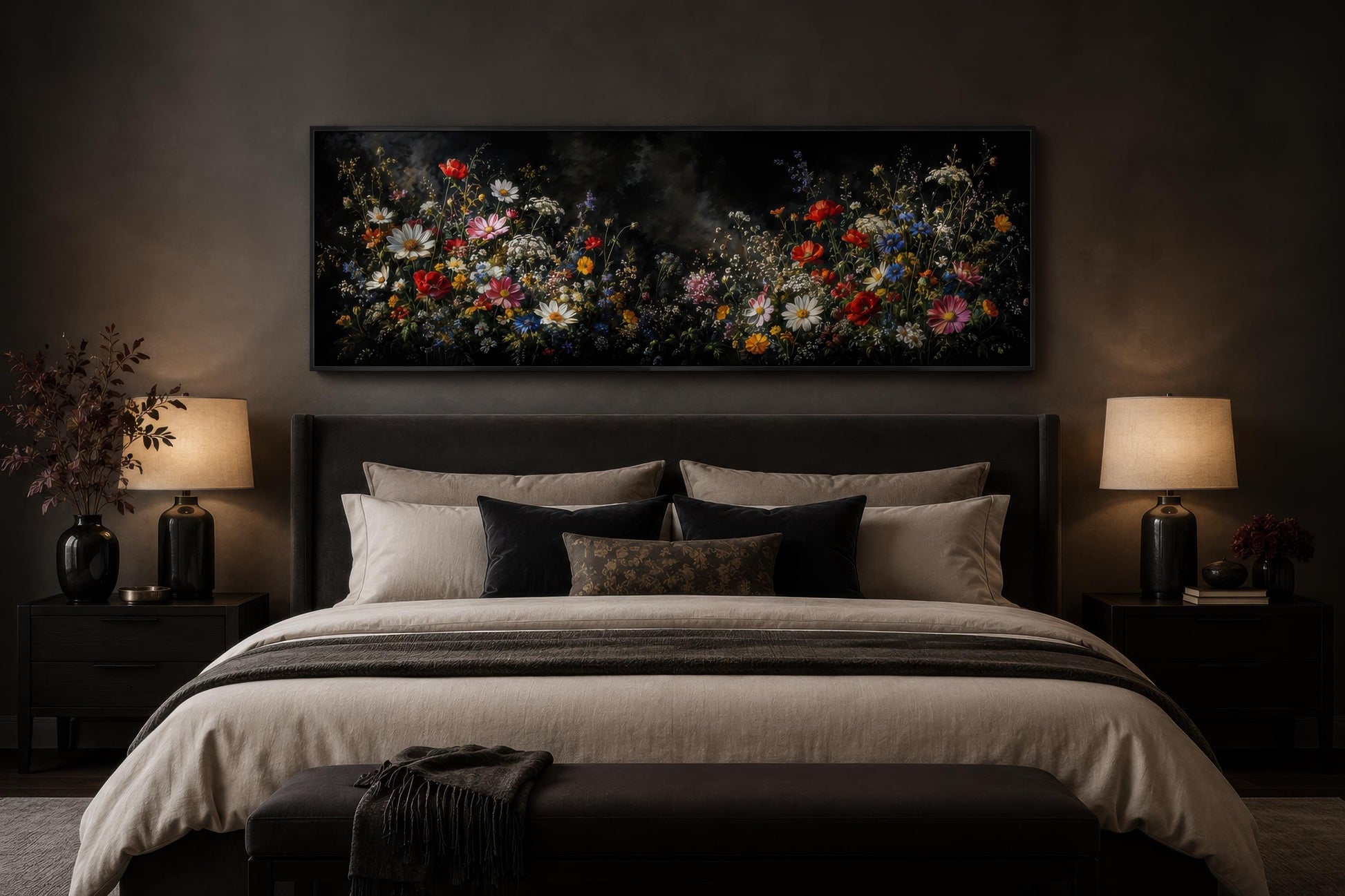 Dark Moody Wildflowers Wall Art – Long Narrow Bedroom Canvas Print | Dark Floral Painting