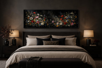 Dark Moody Wildflowers Wall Art – Long Narrow Bedroom Canvas Print | Dark Floral Painting
