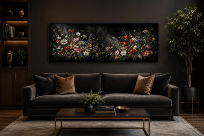 Dark Moody Wildflowers Wall Art – Long Narrow Bedroom Canvas Print | Dark Floral Painting