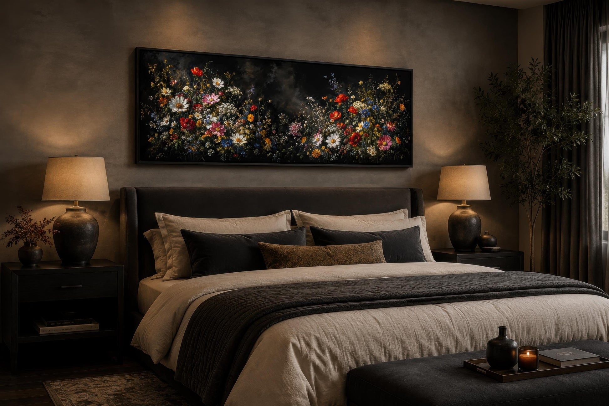 Dark Moody Wildflowers Wall Art – Long Narrow Bedroom Canvas Print | Dark Floral Painting