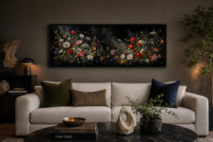 Dark Moody Wildflowers Wall Art – Long Narrow Bedroom Canvas Print | Dark Floral Painting