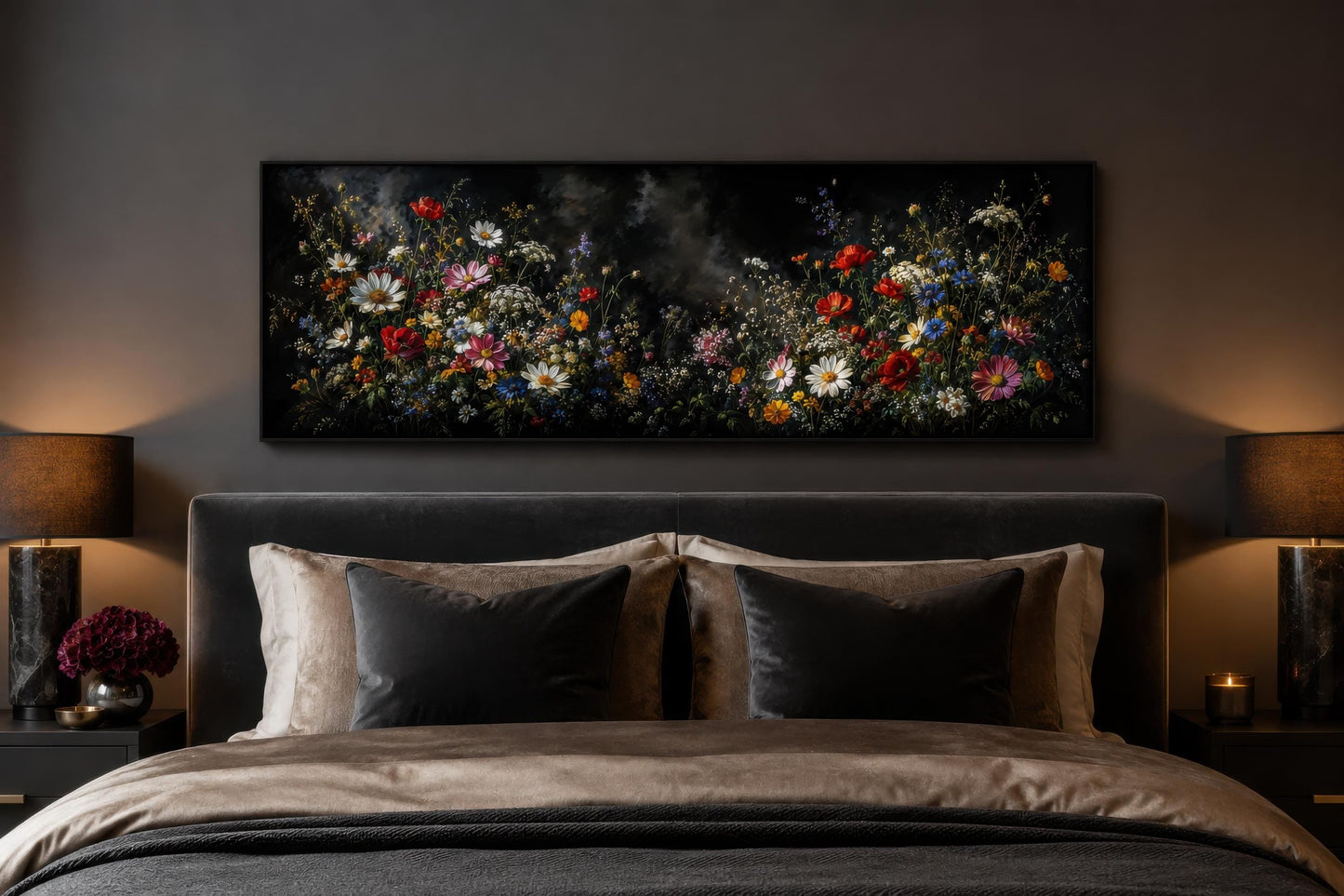 Dark Moody Wildflowers Wall Art – Long Narrow Bedroom Canvas Print | Dark Floral Painting