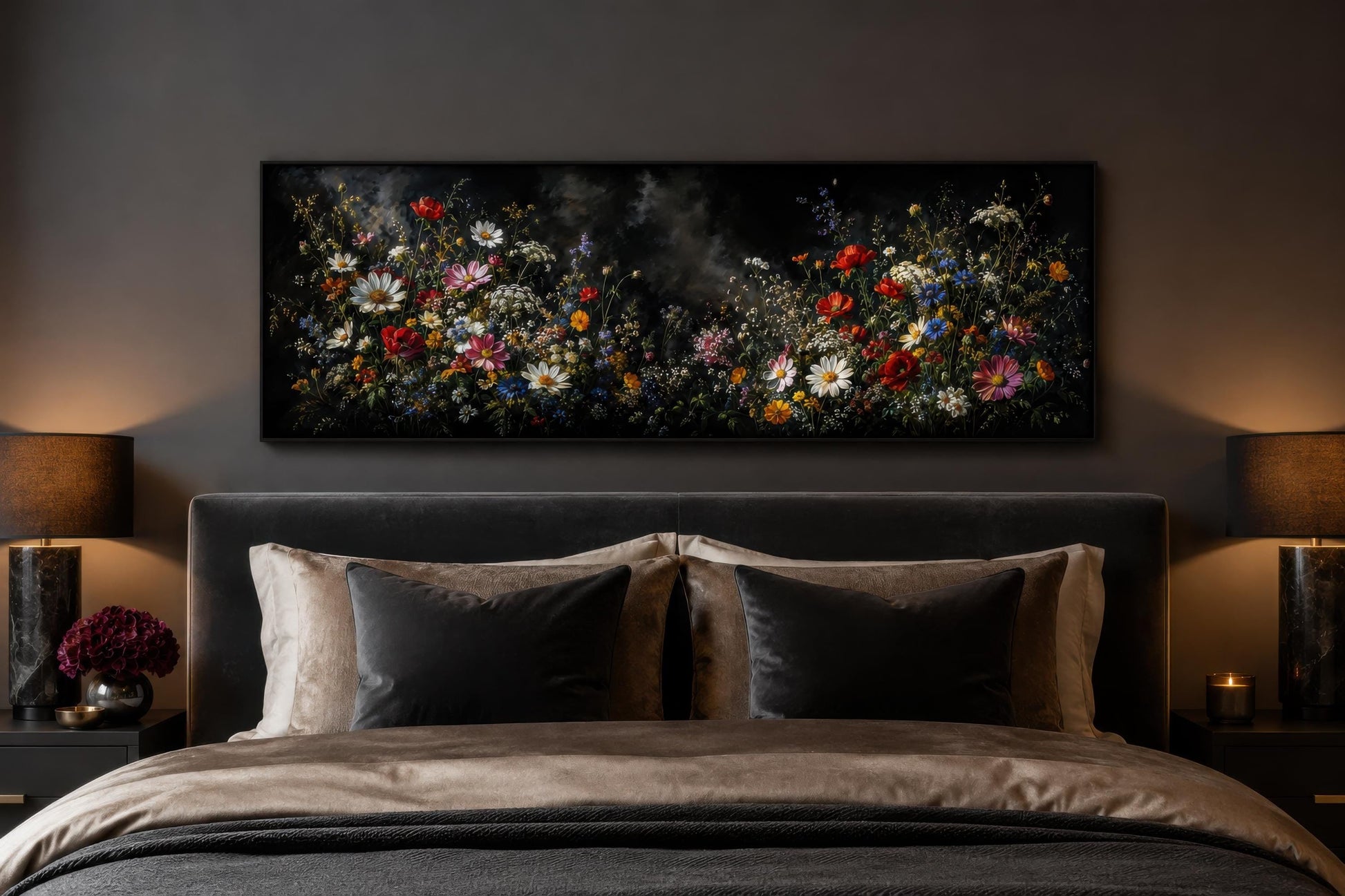 Dark Moody Wildflowers Wall Art – Long Narrow Bedroom Canvas Print | Dark Floral Painting