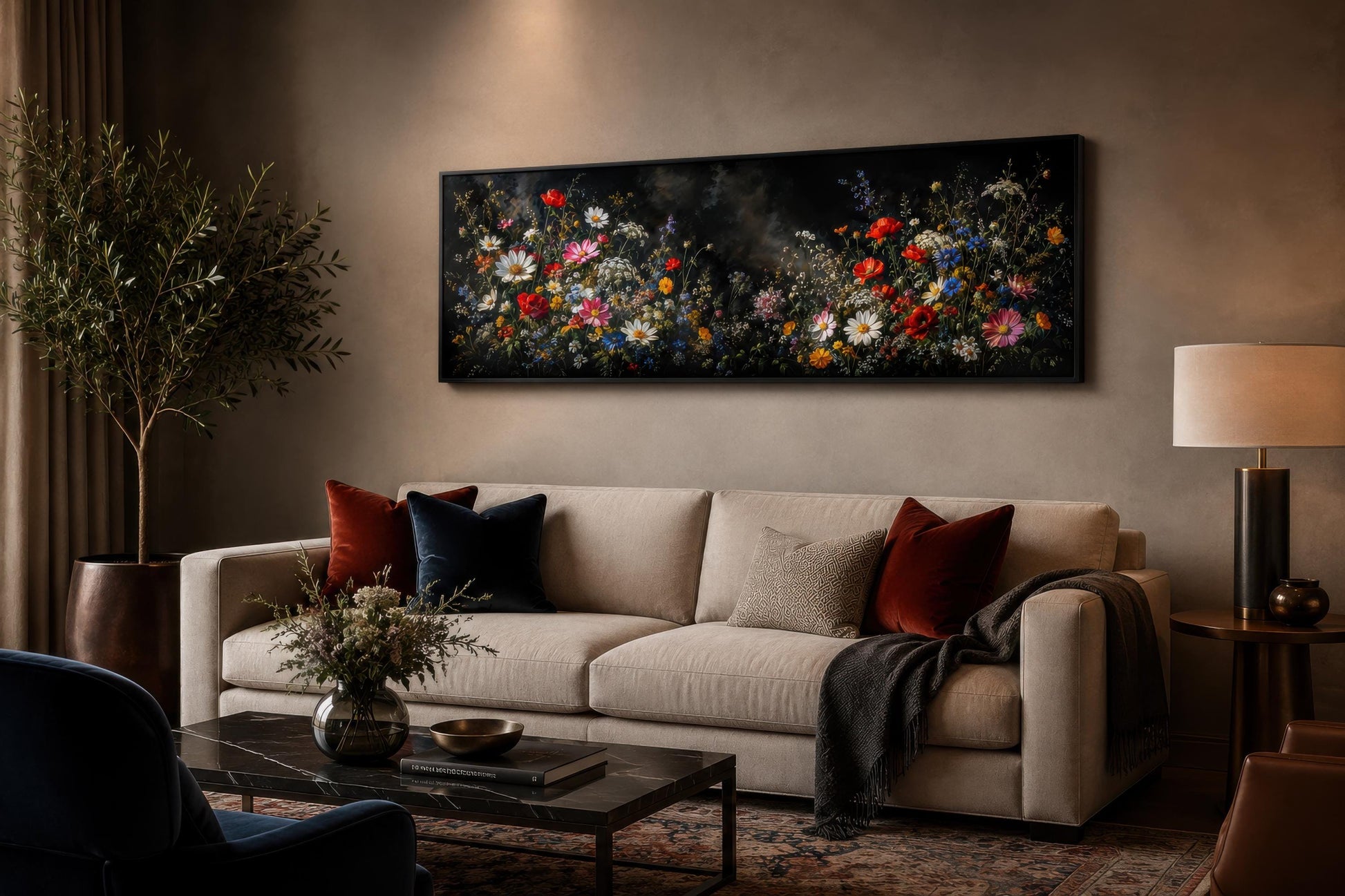 Dark Moody Wildflowers Wall Art – Long Narrow Bedroom Canvas Print | Dark Floral Painting