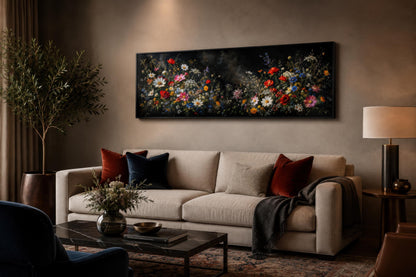 Dark Moody Wildflowers Wall Art – Long Narrow Bedroom Canvas Print | Dark Floral Painting