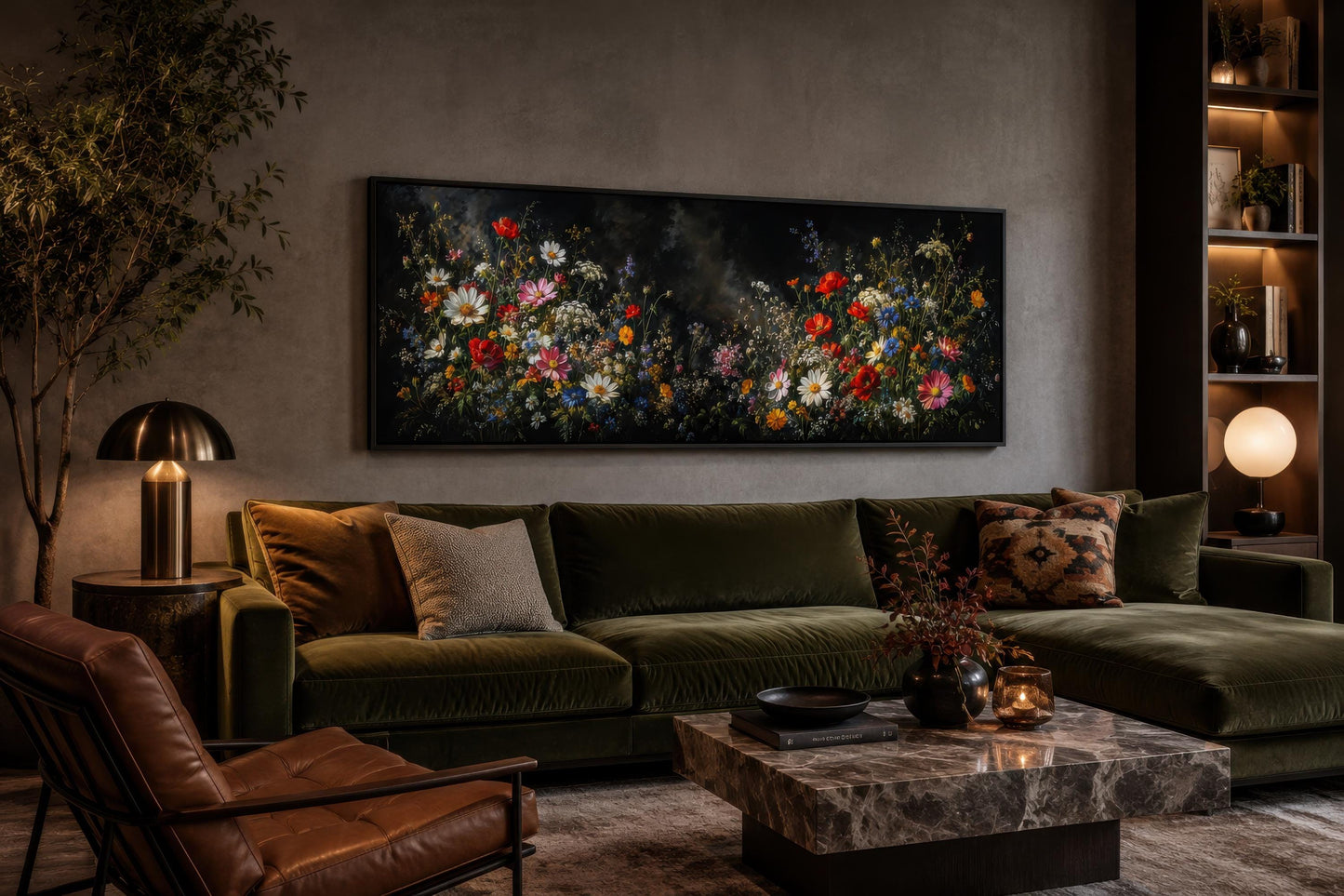 Dark Moody Wildflowers Wall Art – Long Narrow Bedroom Canvas Print | Dark Floral Painting