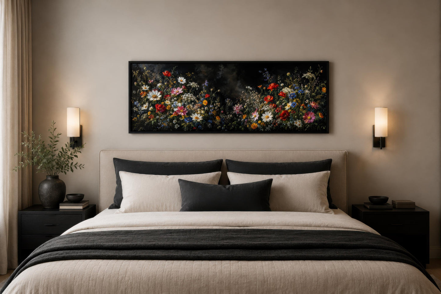 Dark Moody Wildflowers Wall Art – Long Narrow Bedroom Canvas Print | Dark Floral Painting