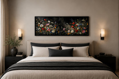 Dark Moody Wildflowers Wall Art – Long Narrow Bedroom Canvas Print | Dark Floral Painting