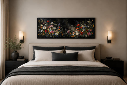 Dark Moody Wildflowers Wall Art – Long Narrow Bedroom Canvas Print | Dark Floral Painting