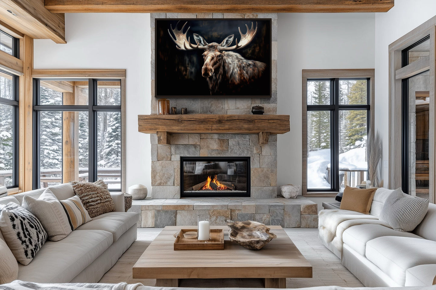 Dark Moose Painting Cabin Decor Framed Canvas Wall Art