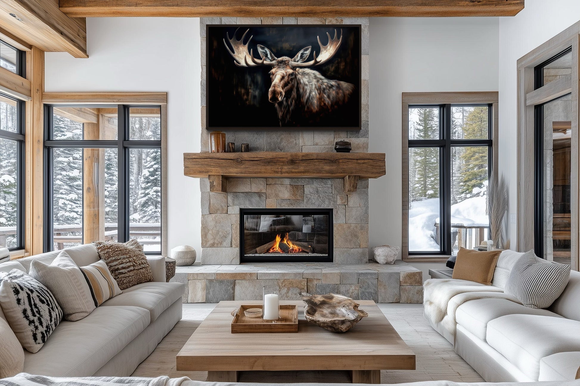 Dark Moose Painting Cabin Decor Framed Canvas Wall Art