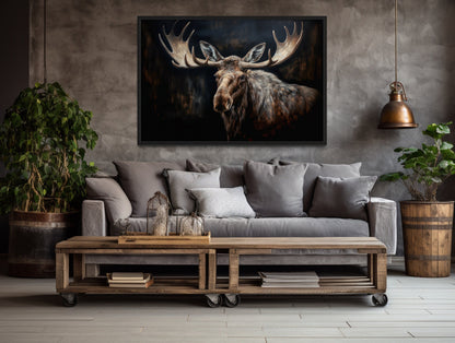 Dark Moose Painting Cabin Decor Framed Canvas Wall Art