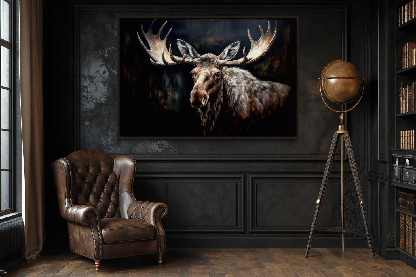 Dark Moose Painting Cabin Decor Framed Canvas Wall Art