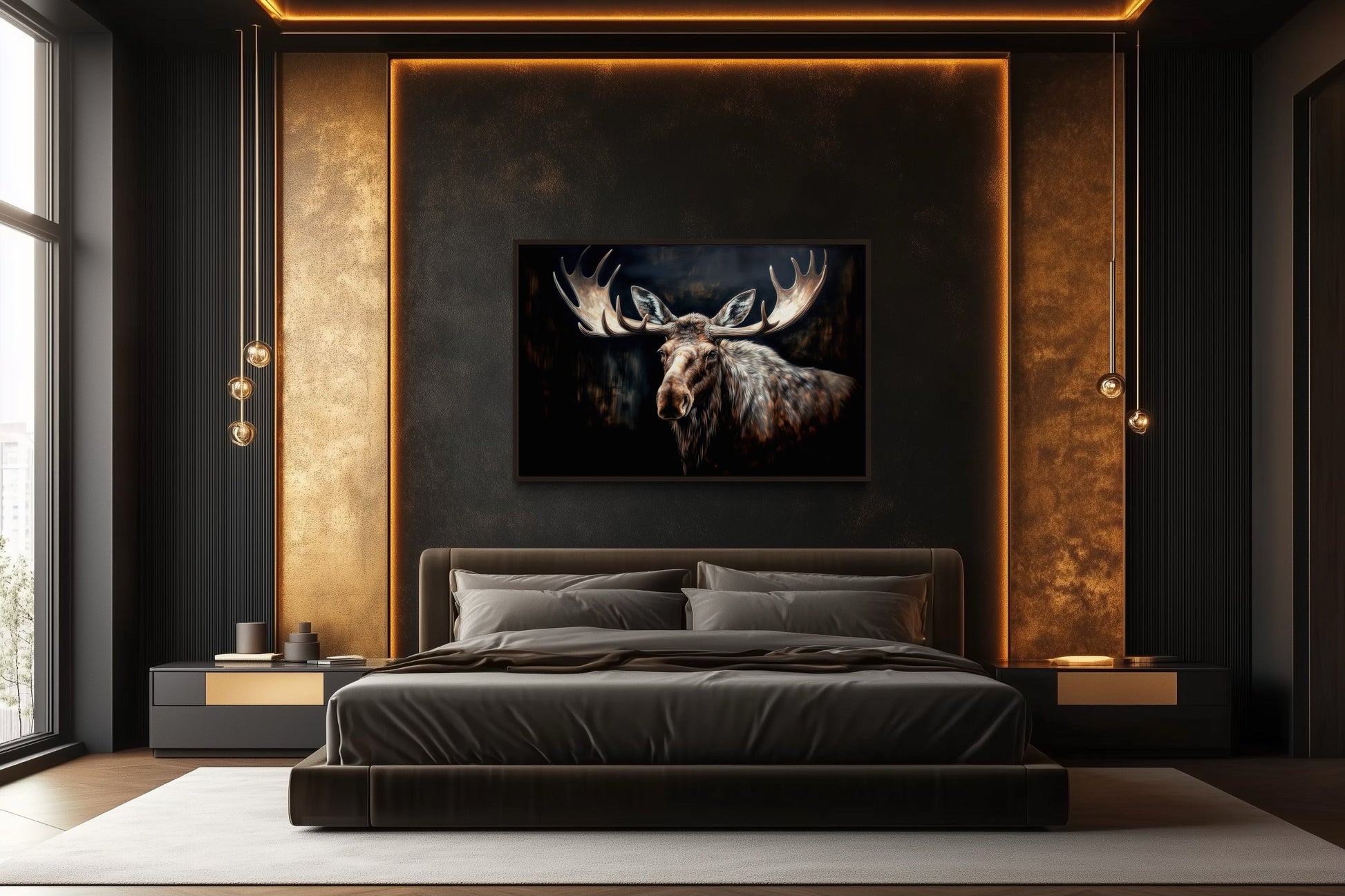 Dark Moose Painting Cabin Decor Framed Canvas Wall Art