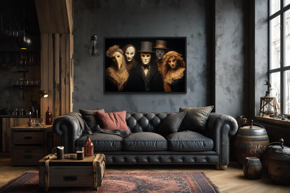 Dark Plague Doctor and Venetian Masked Figures in Vintage Costumes Halloween Wall Art