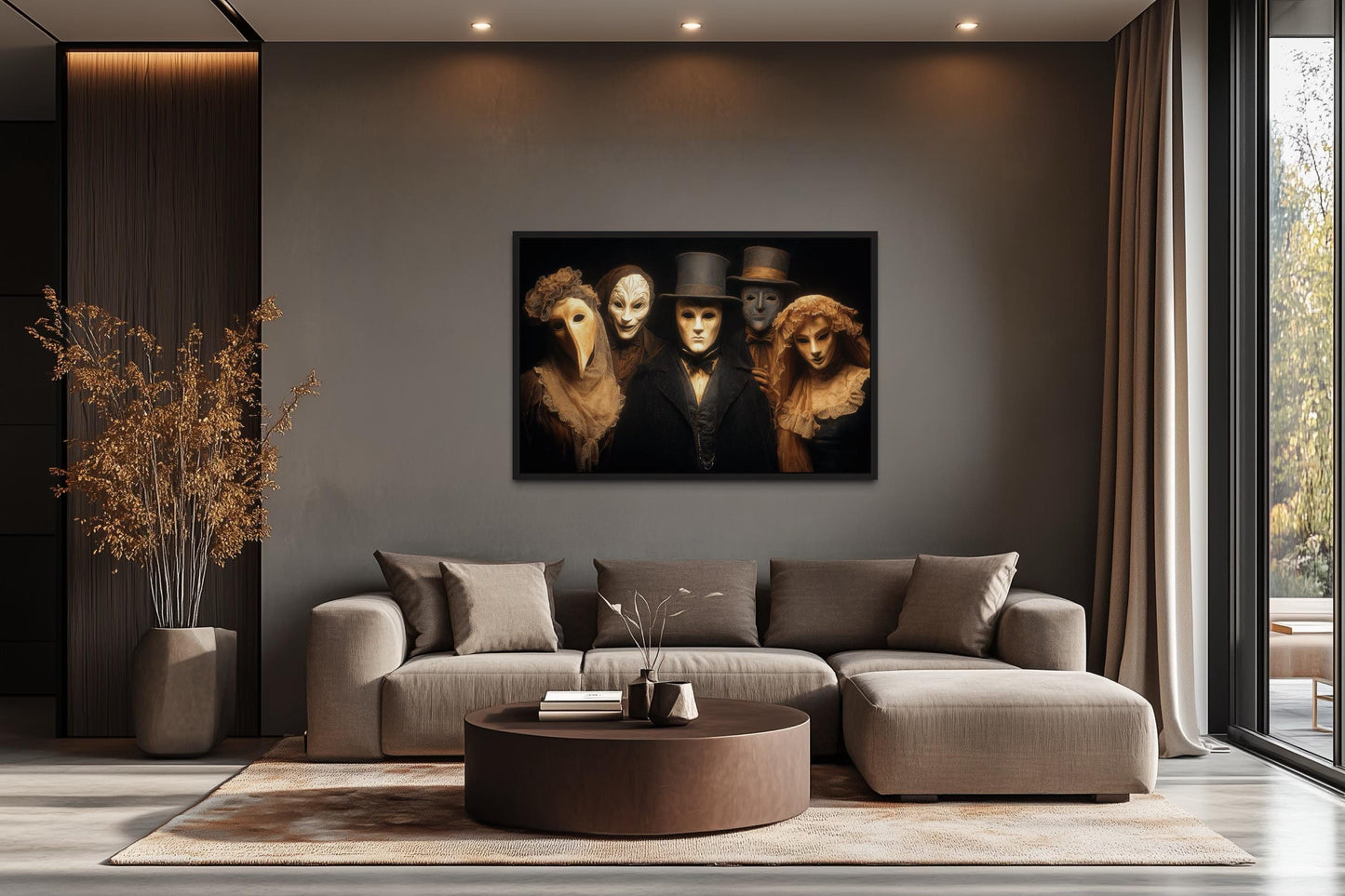 Dark Plague Doctor and Venetian Masked Figures in Vintage Costumes Halloween Wall Art