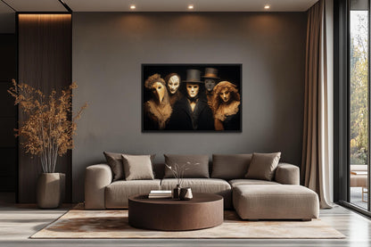Dark Plague Doctor and Venetian Masked Figures in Vintage Costumes Halloween Wall Art