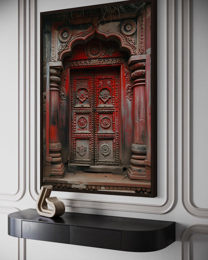 Dark Red Burgundy Indian Door Painting Framed Canvas Wall Art