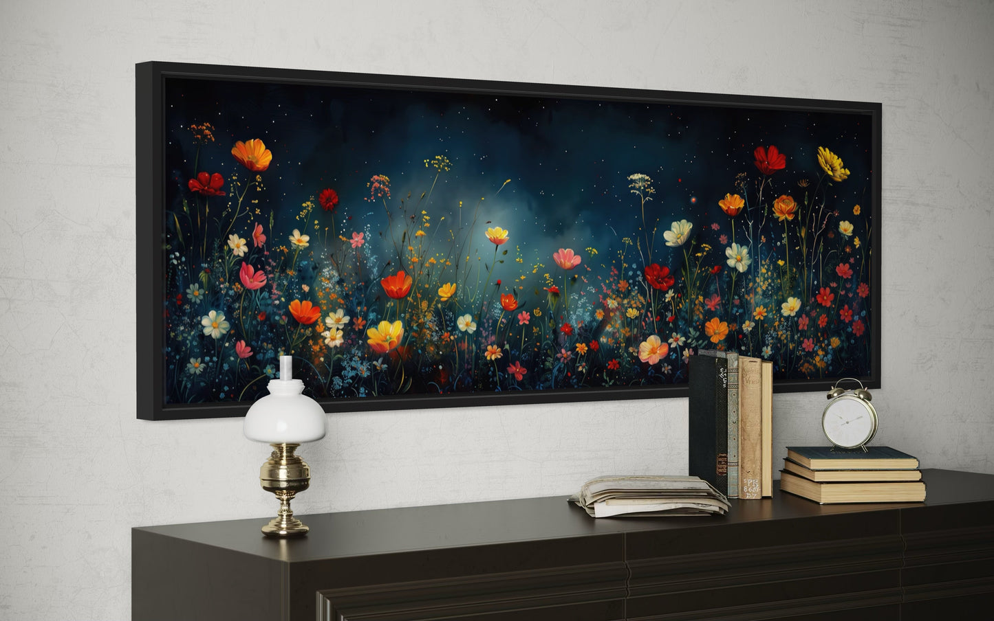 Dark Wildflowers Field Long Horizontal Over Bed Wall Art