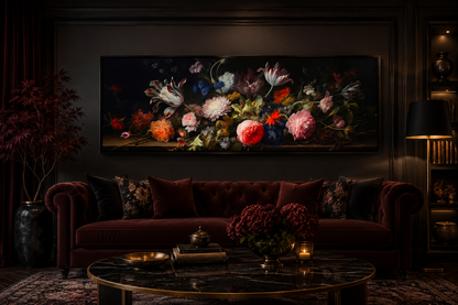 Dark Academia Antique Flowers Moody Horizontal Framed Canvas Wall Art