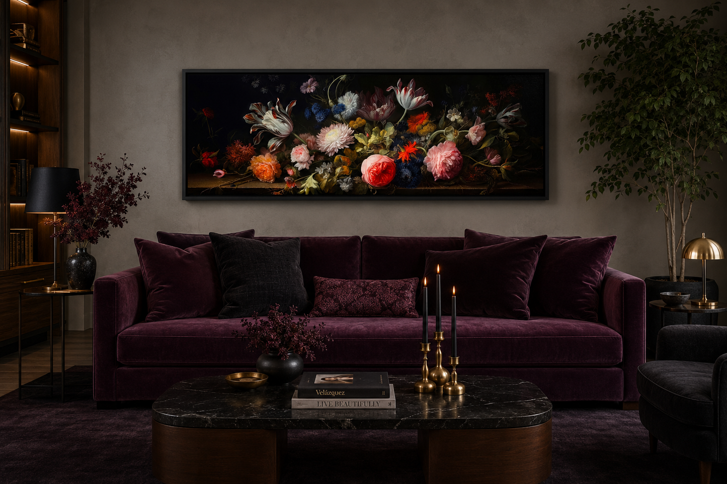 Dark Academia Antique Flowers Moody Horizontal Framed Canvas Wall Art