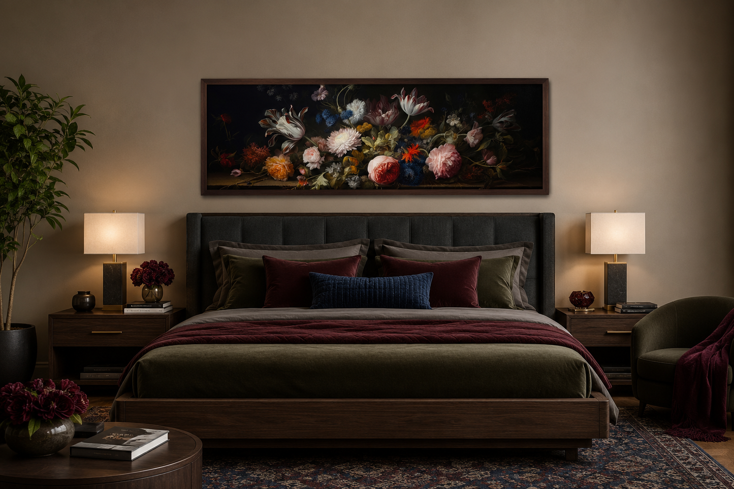Dark Academia Antique Flowers Moody Horizontal Framed Canvas Wall Art