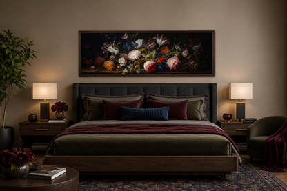 Dark Academia Antique Flowers Moody Horizontal Framed Canvas Wall Art