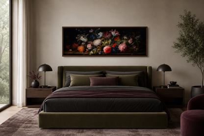 Dark Academia Antique Flowers Moody Horizontal Framed Canvas Wall Art