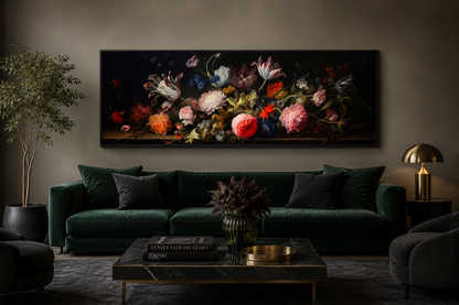 Dark Academia Antique Flowers Moody Horizontal Framed Canvas Wall Art