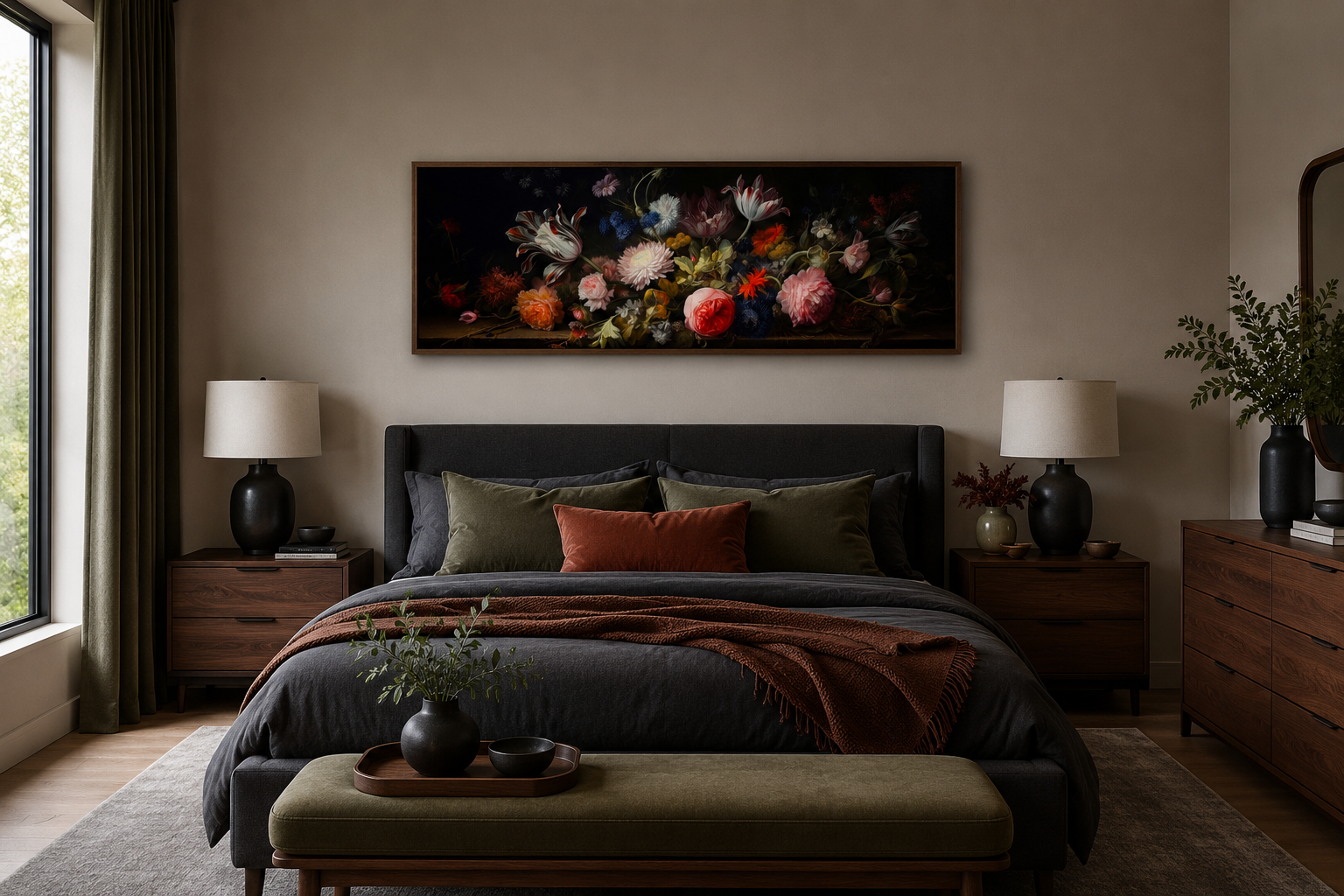Dark Academia Antique Flowers Moody Horizontal Framed Canvas Wall Art