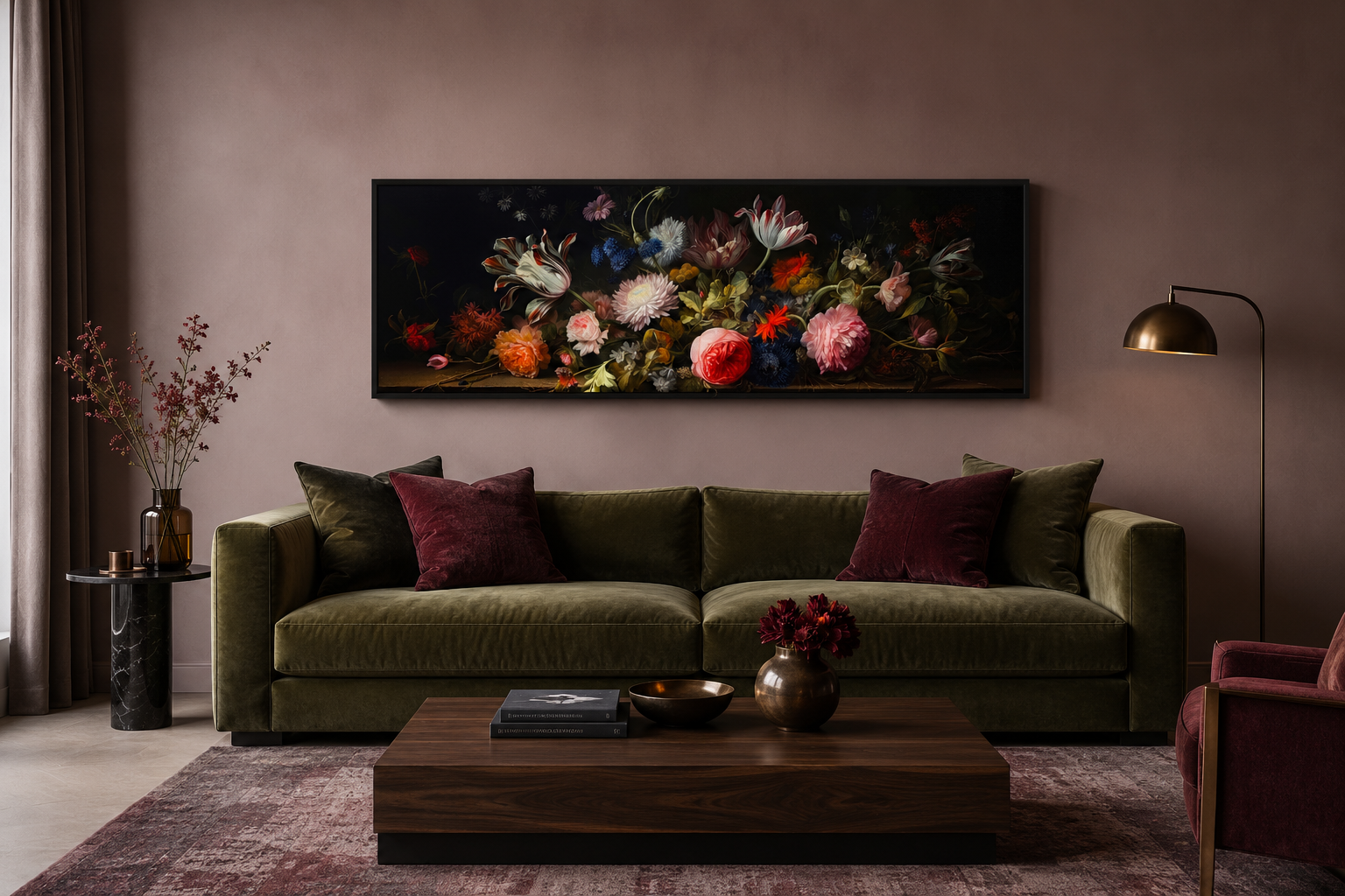 Dark Academia Antique Flowers Moody Horizontal Framed Canvas Wall Art