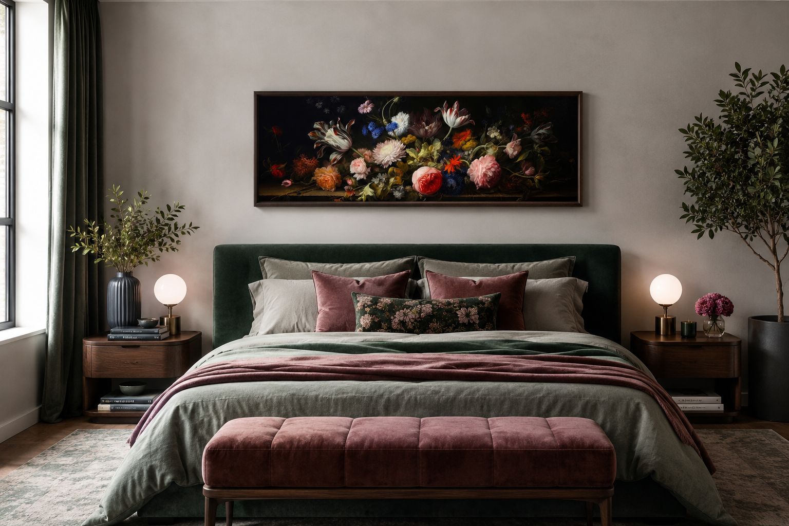 Dark Academia Antique Flowers Moody Horizontal Framed Canvas Wall Art