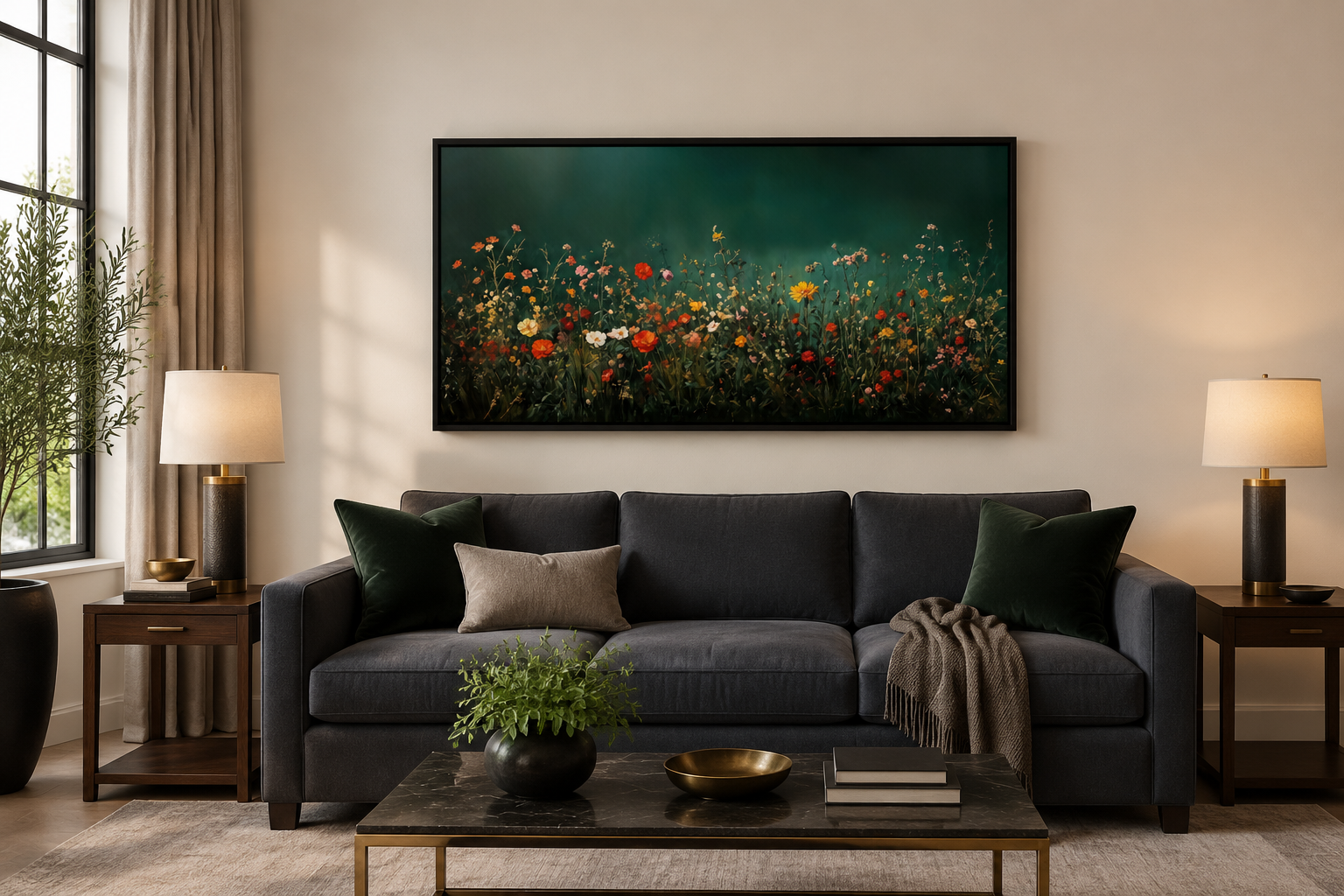 Dark Moody Green Wildflowers Field At Night Framed Canvas Wall Art