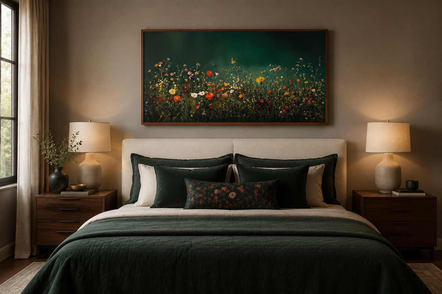 Dark Moody Green Wildflowers Field At Night Framed Canvas Wall Art
