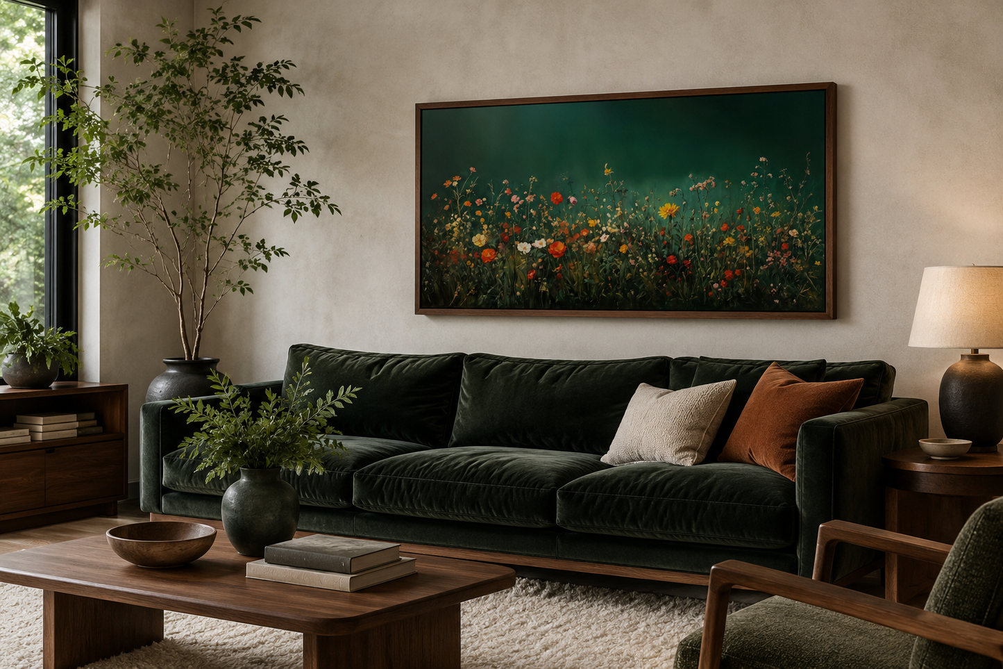 Dark Moody Green Wildflowers Field At Night Framed Canvas Wall Art