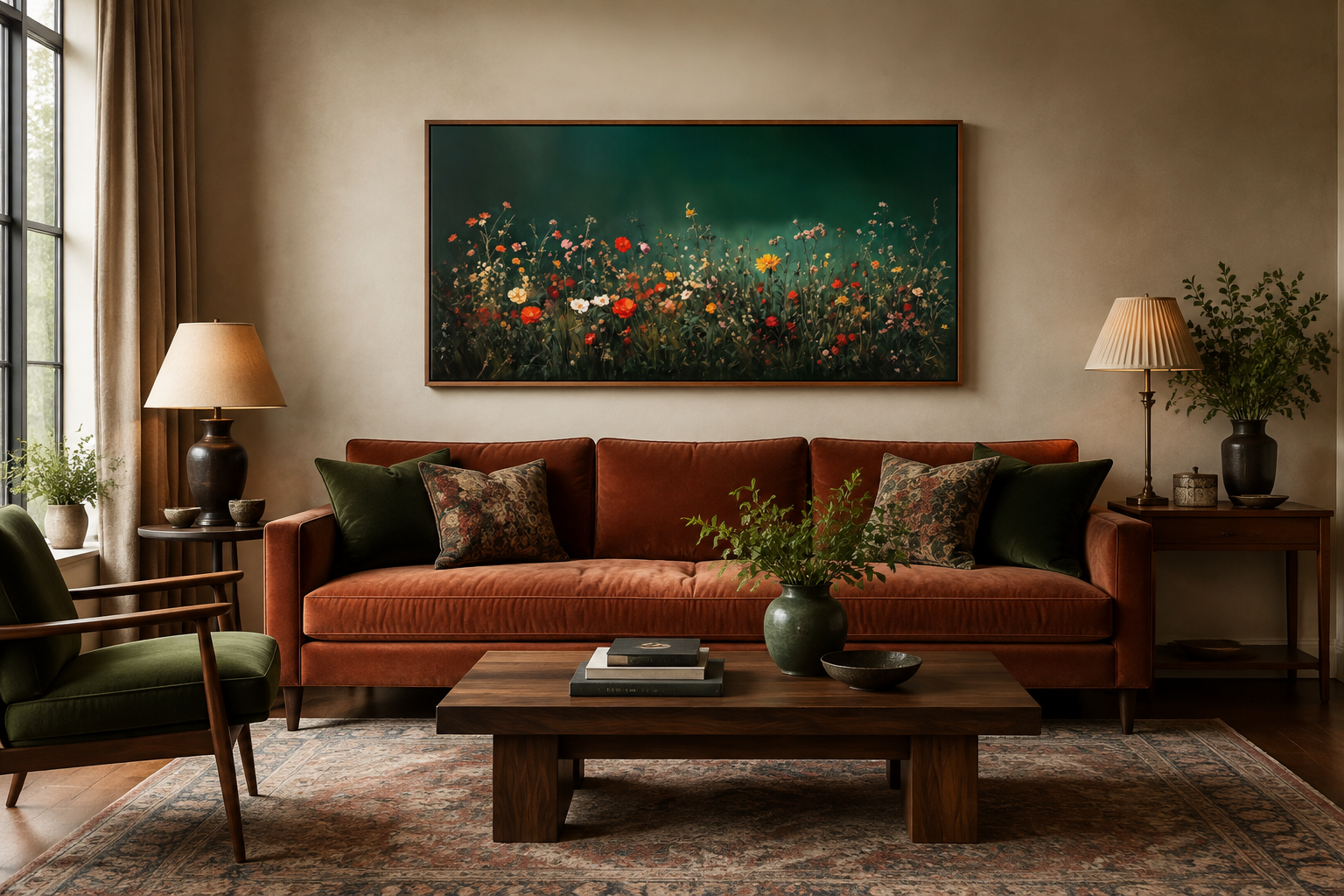 Dark Moody Green Wildflowers Field At Night Framed Canvas Wall Art