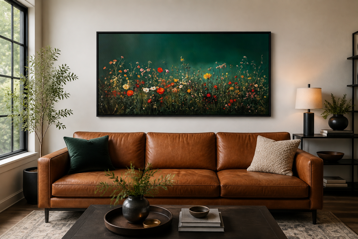 Dark Moody Green Wildflowers Field At Night Framed Canvas Wall Art