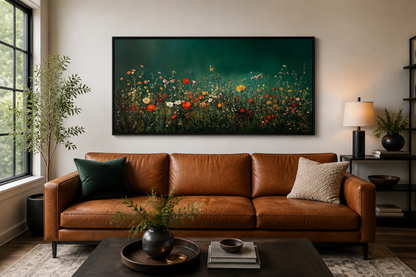 Dark Moody Green Wildflowers Field At Night Framed Canvas Wall Art