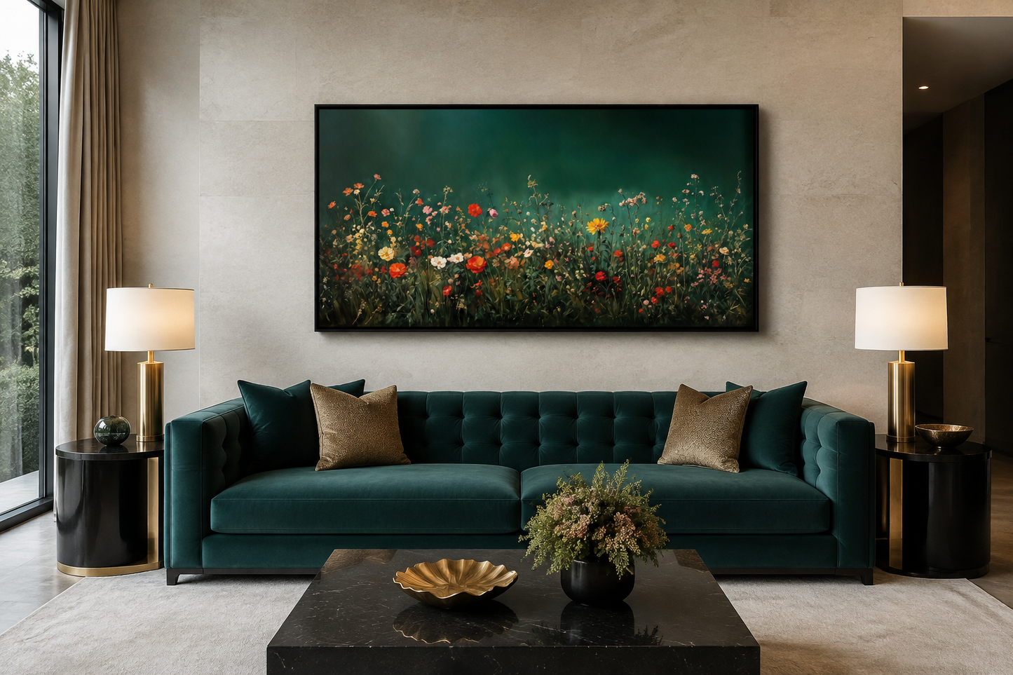Dark Moody Green Wildflowers Field At Night Framed Canvas Wall Art